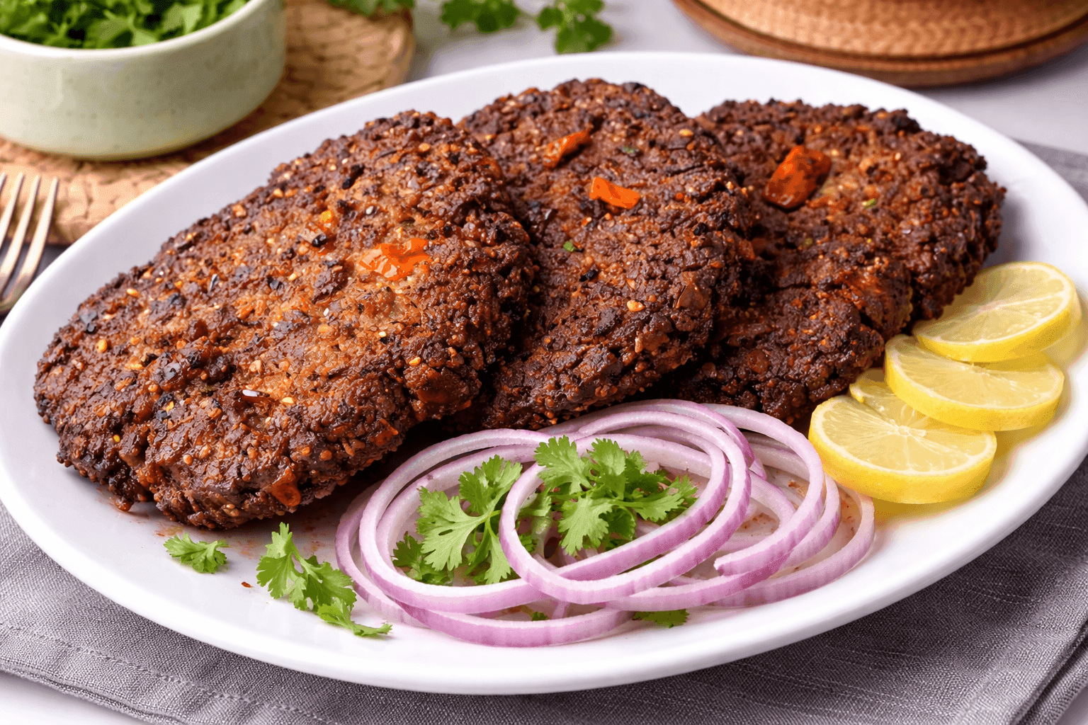 Peshawari Chapli Kabab flat patties with fresh garnishes on a rustic serving plate
