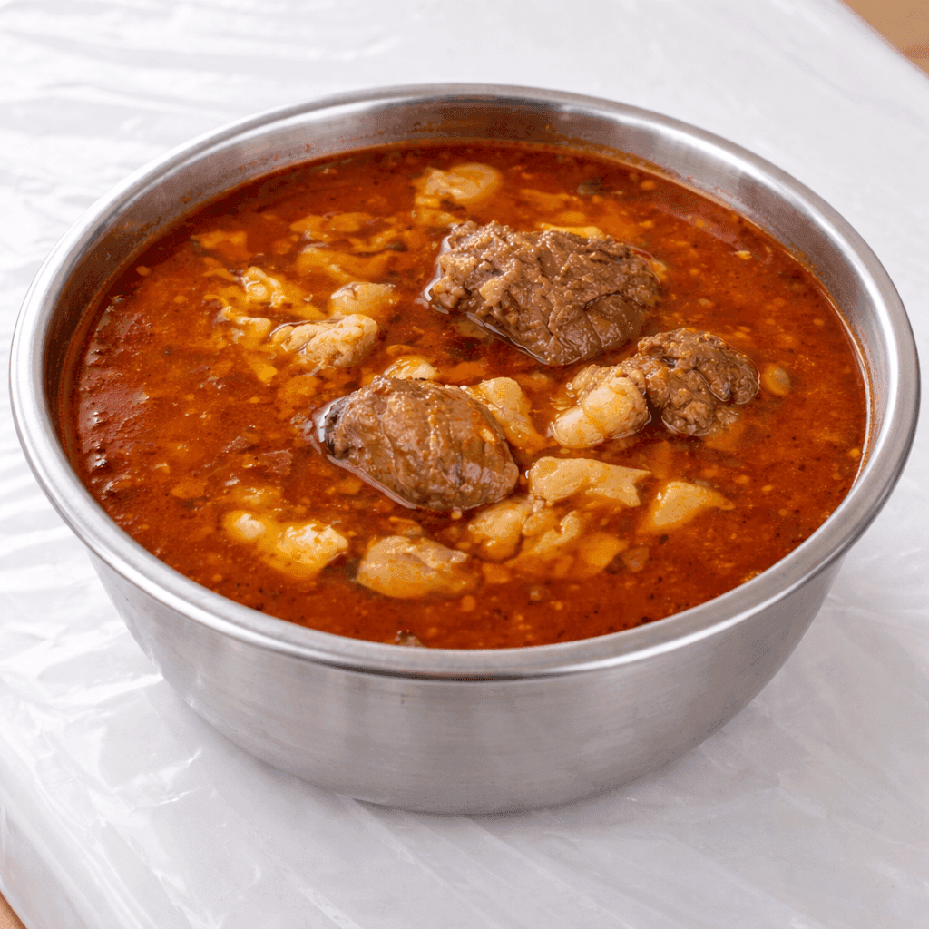 Beef Nihari in a steel bowl topped with ginger, green chili, and the classic tari oil