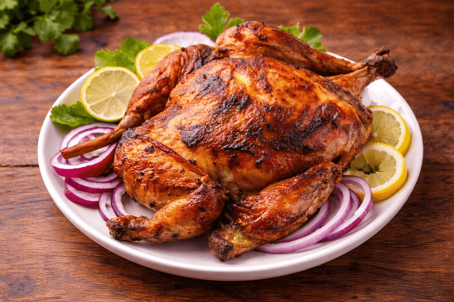 Whole Tandoori Chargha golden roasted chicken on a platter with fresh herb garnishes