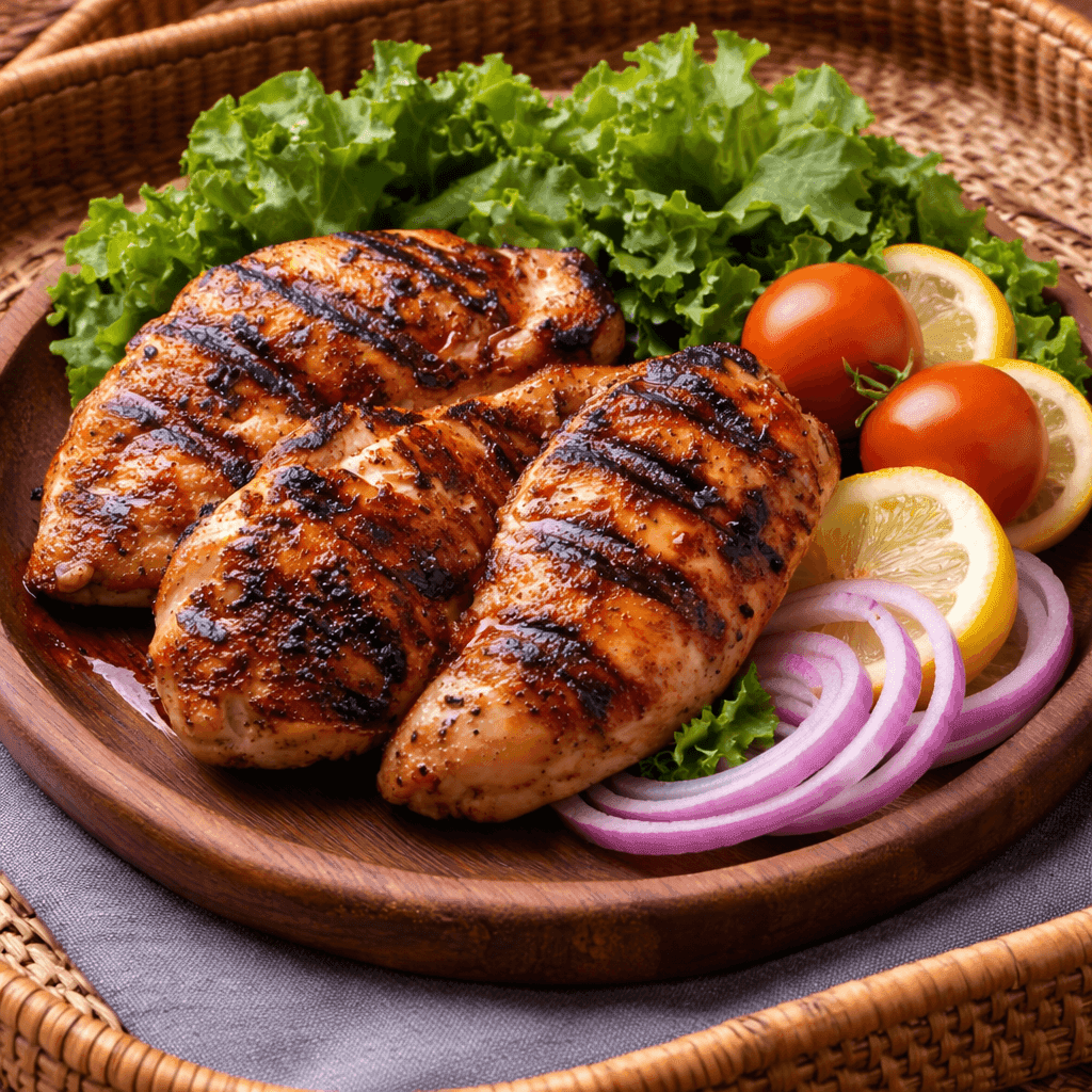 Honey-soy glazed grilled chicken fillets with char marks on a rustic platter