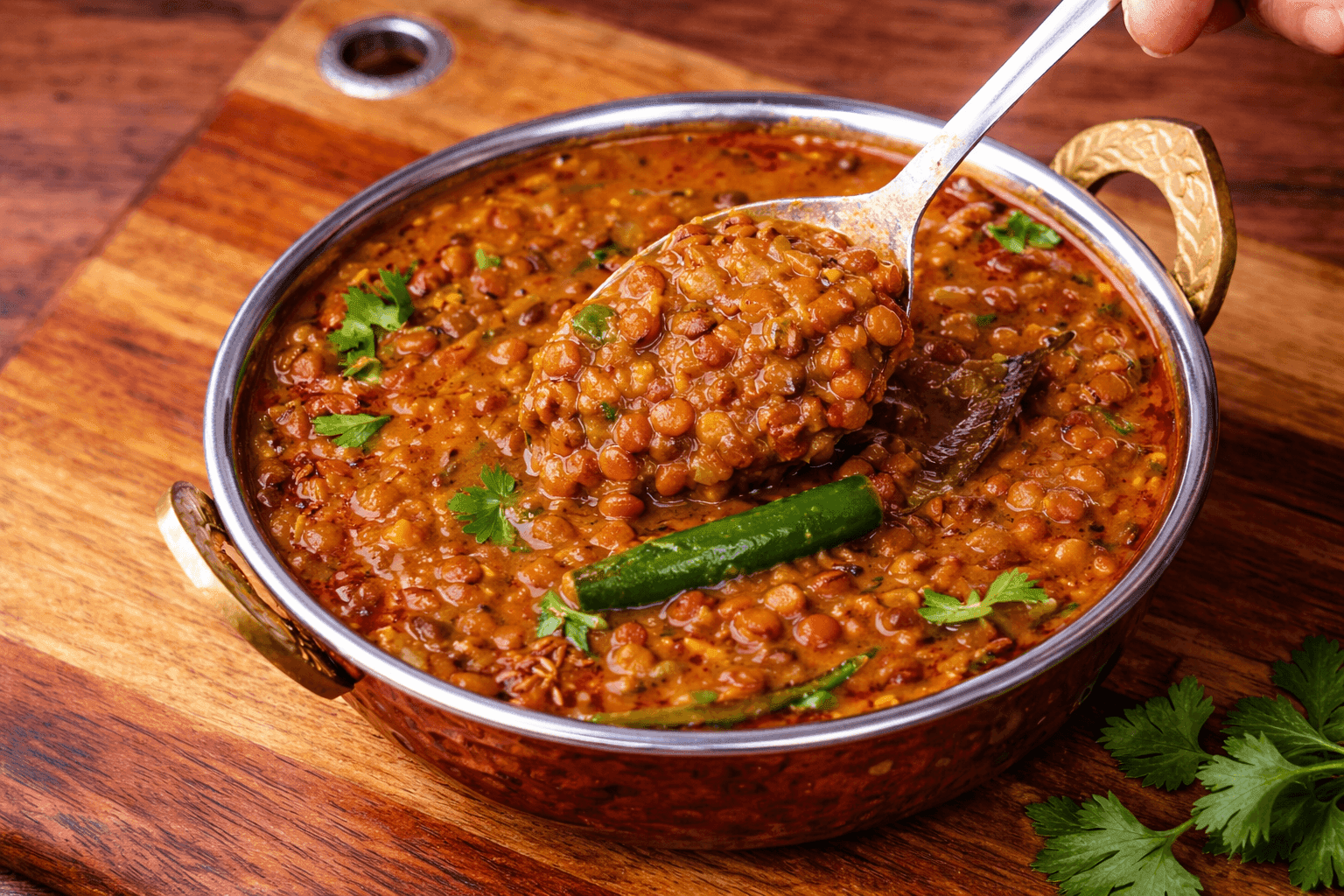 Masoor Dal Tadka in a warm clay bowl with a smoky ghee and cumin tadka poured over