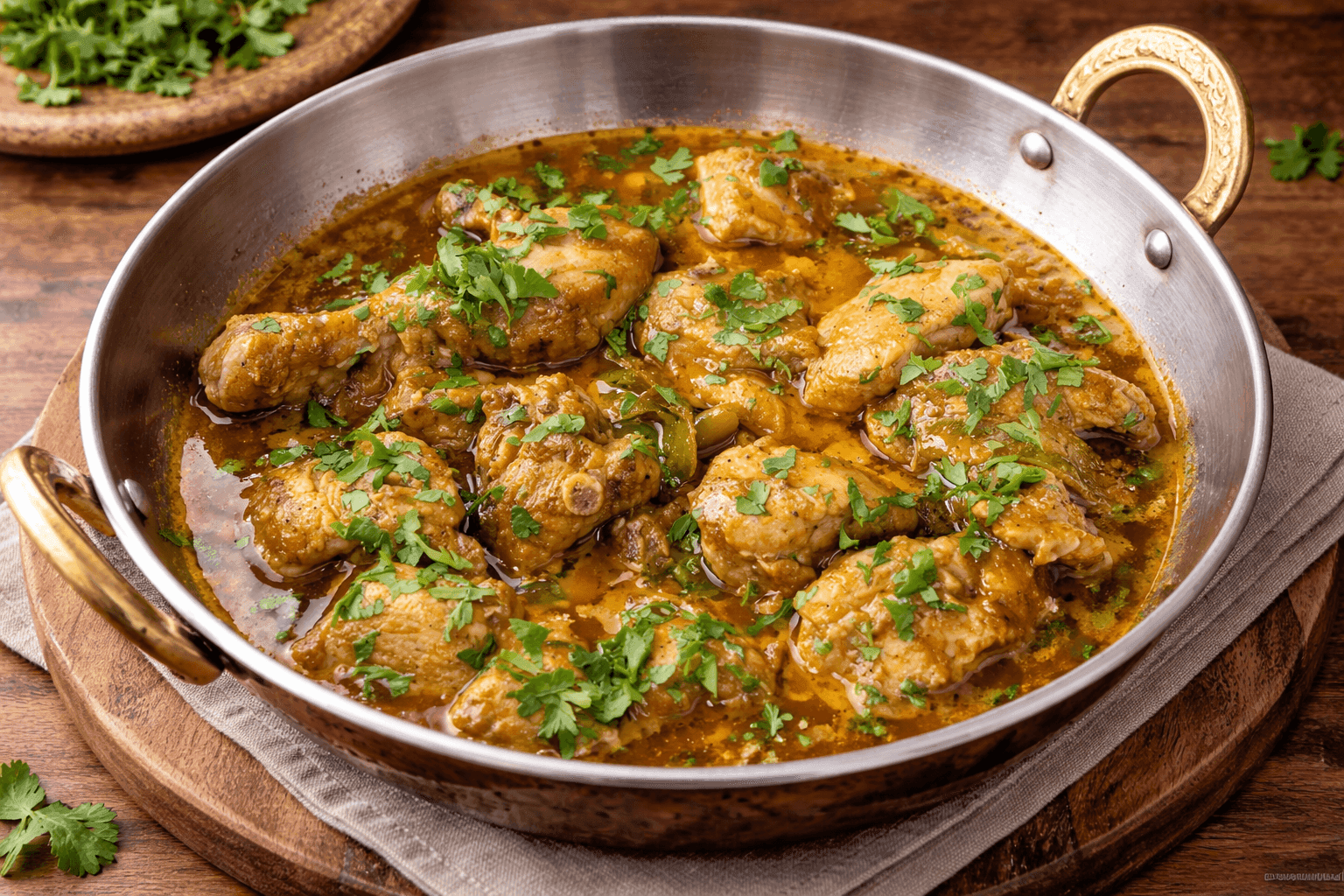 Afghani Chicken Karahi with creamy white yogurt gravy and green chilies in a karahi