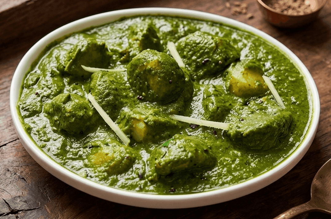 Aloo Palak spinach and potato sabzi with vivid green gravy and a cumin tadka finish