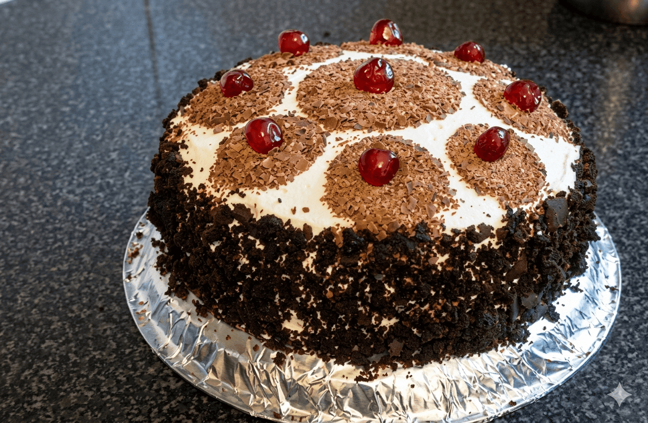 Black Forest Cake with chocolate sponge, whipped cream, cherries, and chocolate shavings