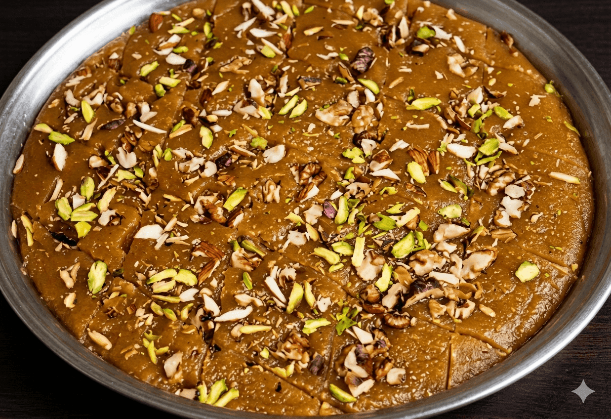 Chane ke Daal ka Halwa in a bowl, deep golden, garnished with silver leaf and pistachios