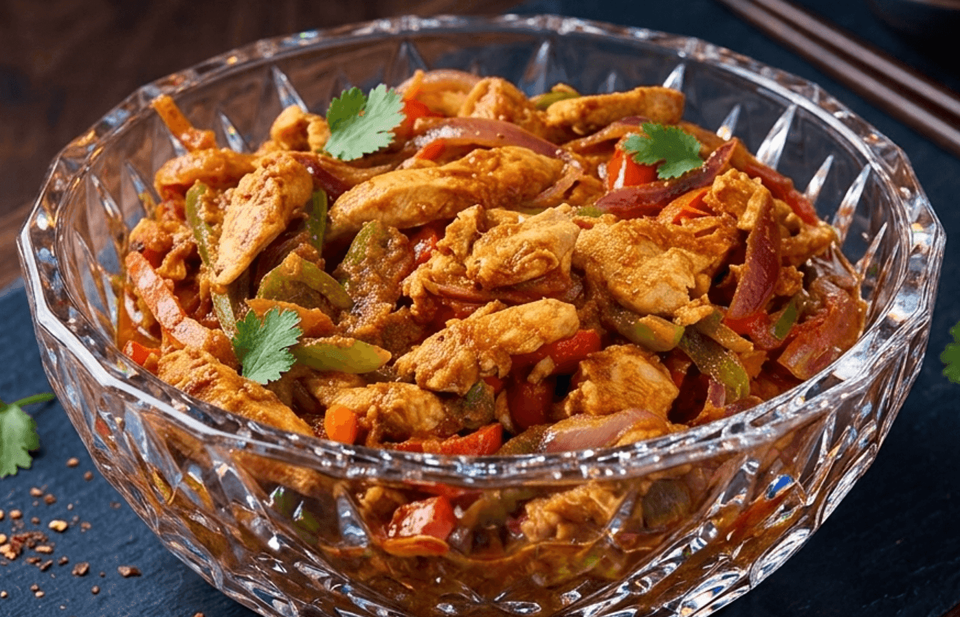 Chicken Jalfrezi featuring tender chicken strips, stir-fried bell peppers, and sliced onions served in an elegant, faceted crystal bowl.
