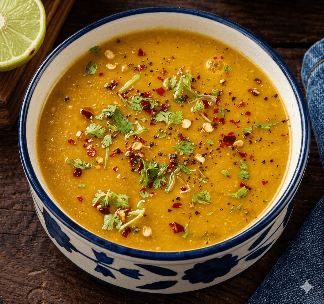 Lentil Dal Soup with moong and toor dal, garnished with garlic-chilli tempering
