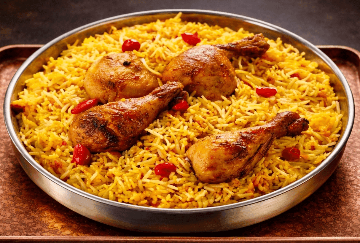 Hyderabadi Chicken Dum Biryani layered with saffron-coloured rice and crispy birista