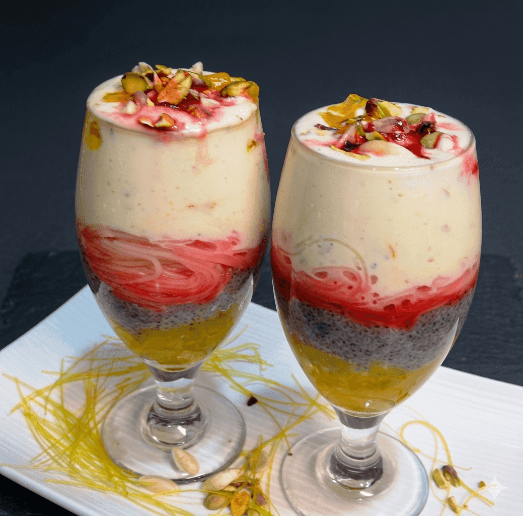 Layered falooda in a tall glass with rose syrup, noodles, and strawberry ice cream