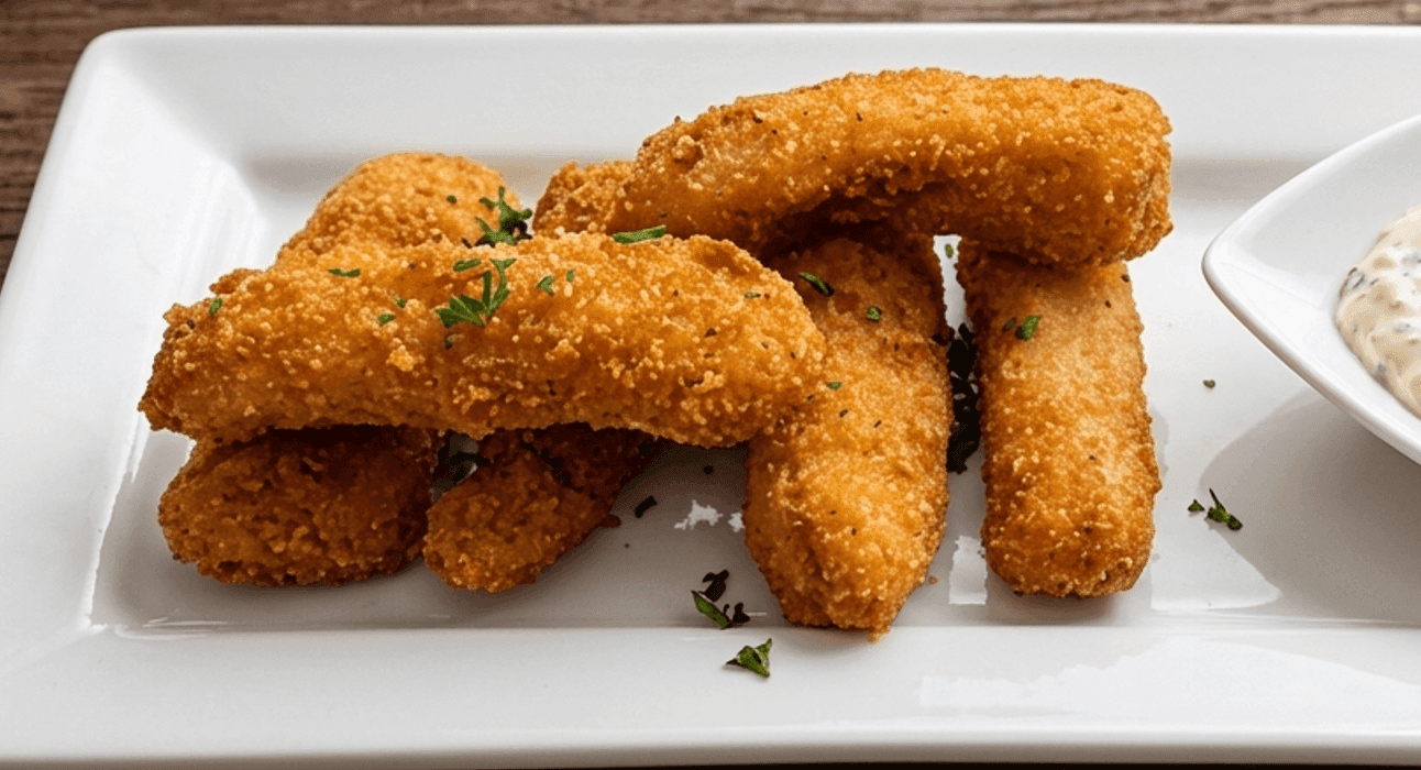 Sanjeev Kapoor's crispy golden finger fish fillets with an olive and mayonnaise dip