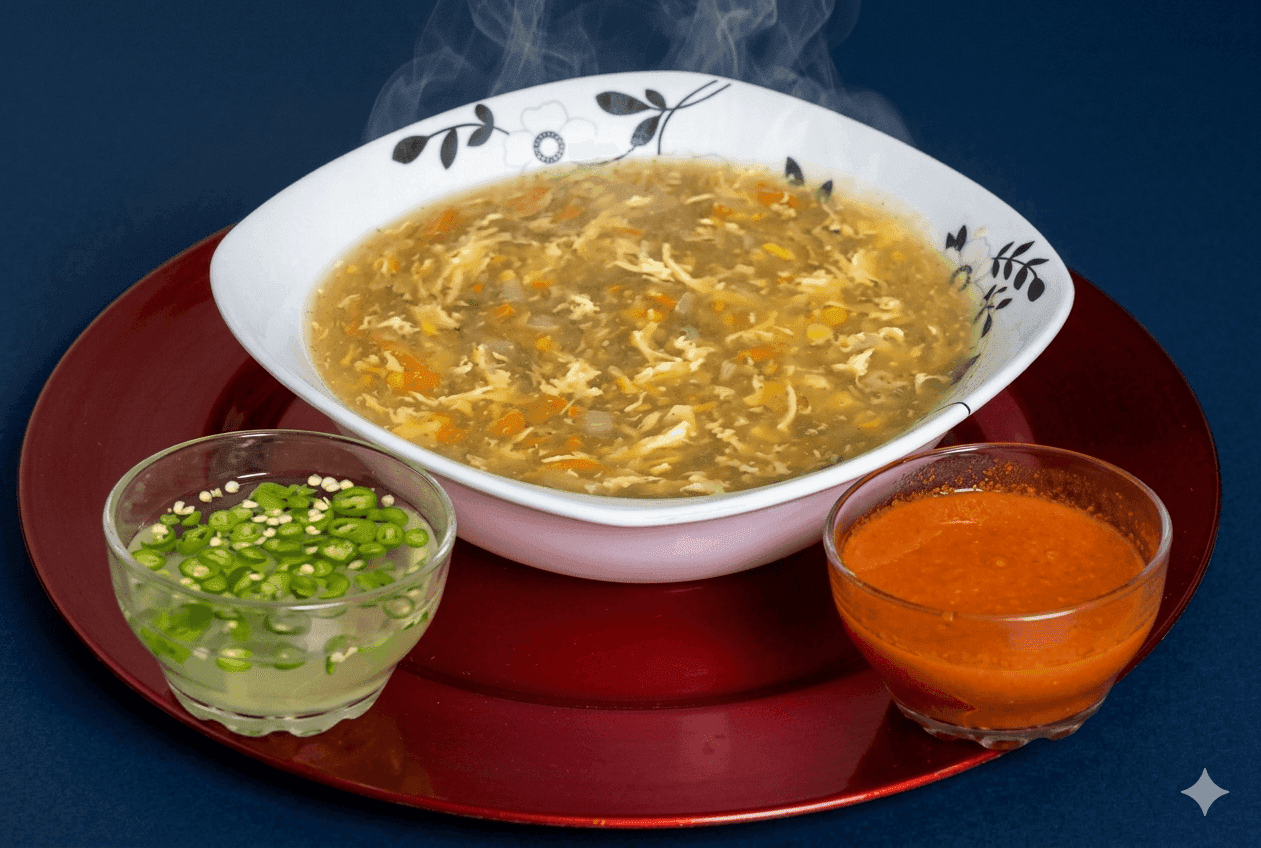 Pakistani-Chinese hot and sour soup with egg ribbons and shredded chicken in red broth