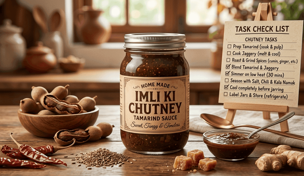 Homemade Imli Ki Chutney tamarind sauce in a glass jar with a task checklist and raw ingredients including tamarind, jaggery, and spices on a wooden table