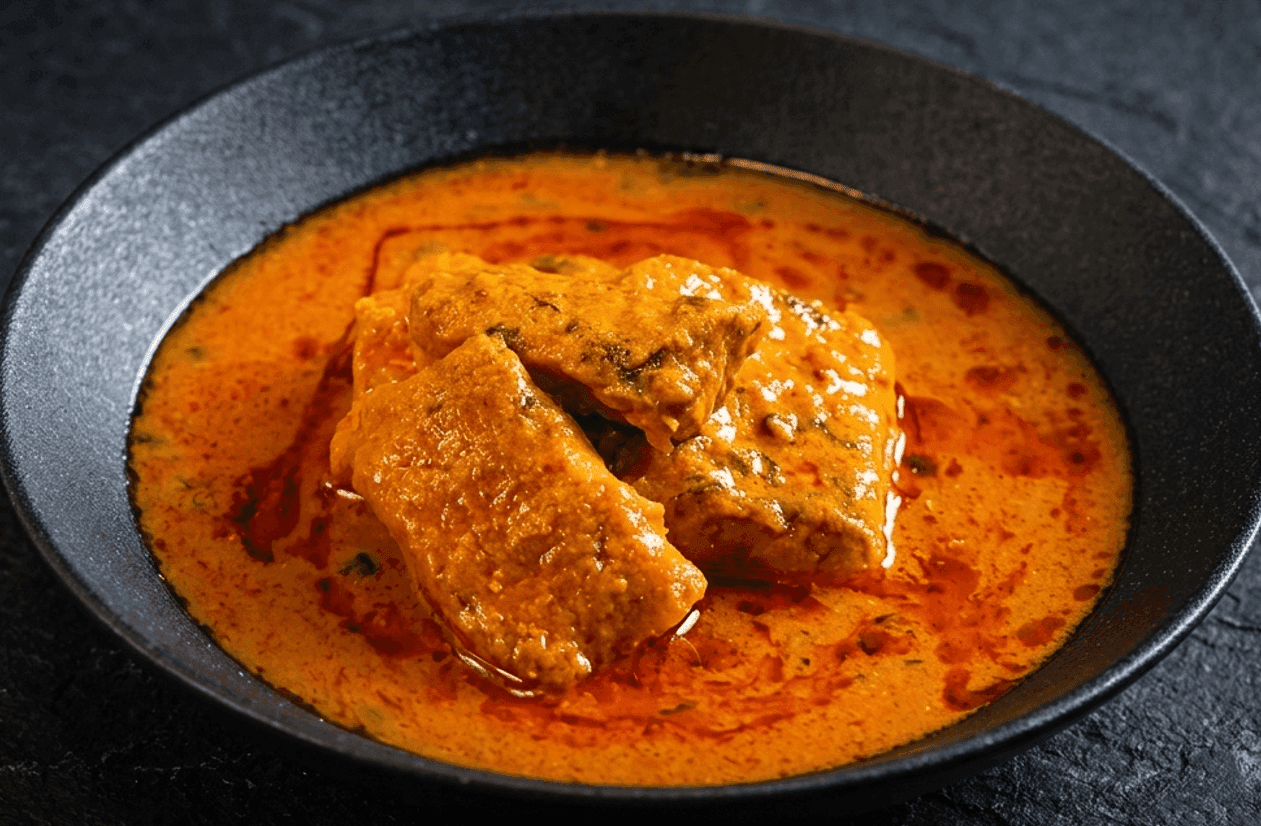 Machi ka Salan fish curry with thick spiced masala gravy in a traditional serving bowl