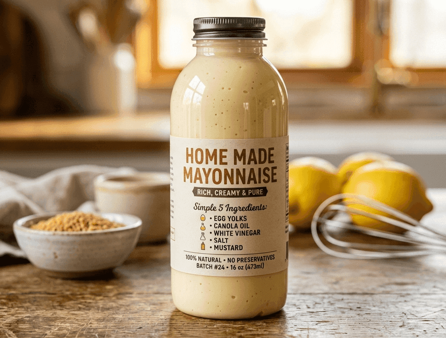 Creamy Home Made Mayonnise filled in  plastic bottle,  five simple ingredients: egg yolks, mustard oil, white vinegar and pink salt, and mustard.