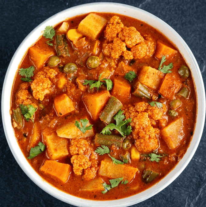 t Mix Vegetable Curry (Mix Veg Sabzi) in a white bowl, featuring cauliflower, carrots, potatoes, and peas in a rich tomato-based gravy, garnished with fresh coriander
