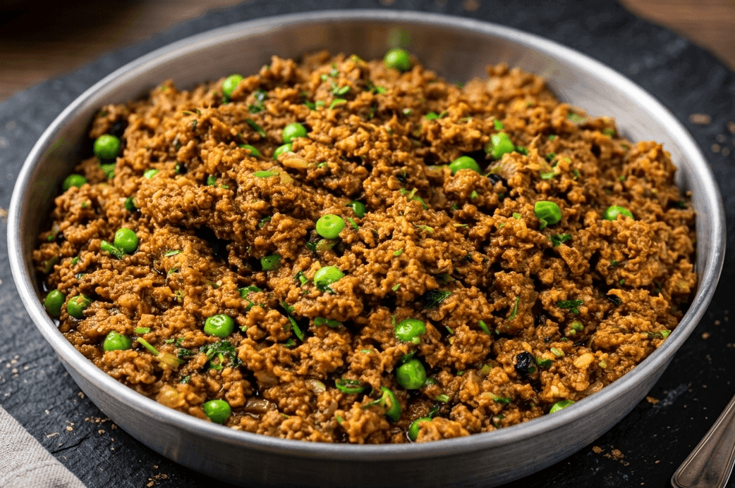 Mutton Mutter Qeema with green peas in a spiced bhunai masala in a serving bowl