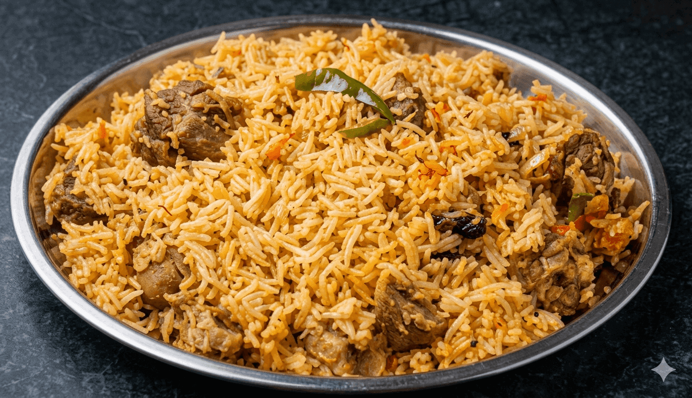 Punjabi Mutton Pulao with baby lamb, dried plums, and fragrant long-grain basmati rice