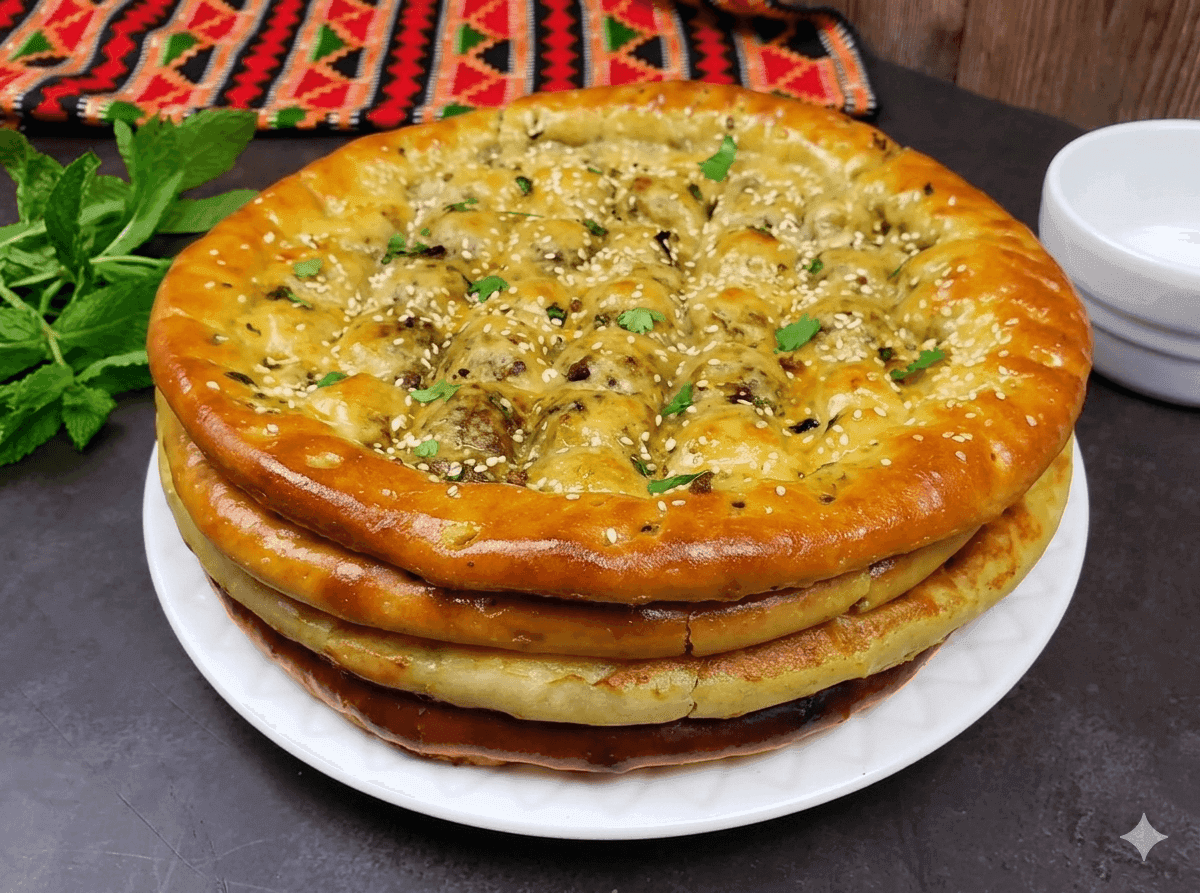 Keema Naan on tawa with spiced mince filling, cross-hatched and butter-brushed surface