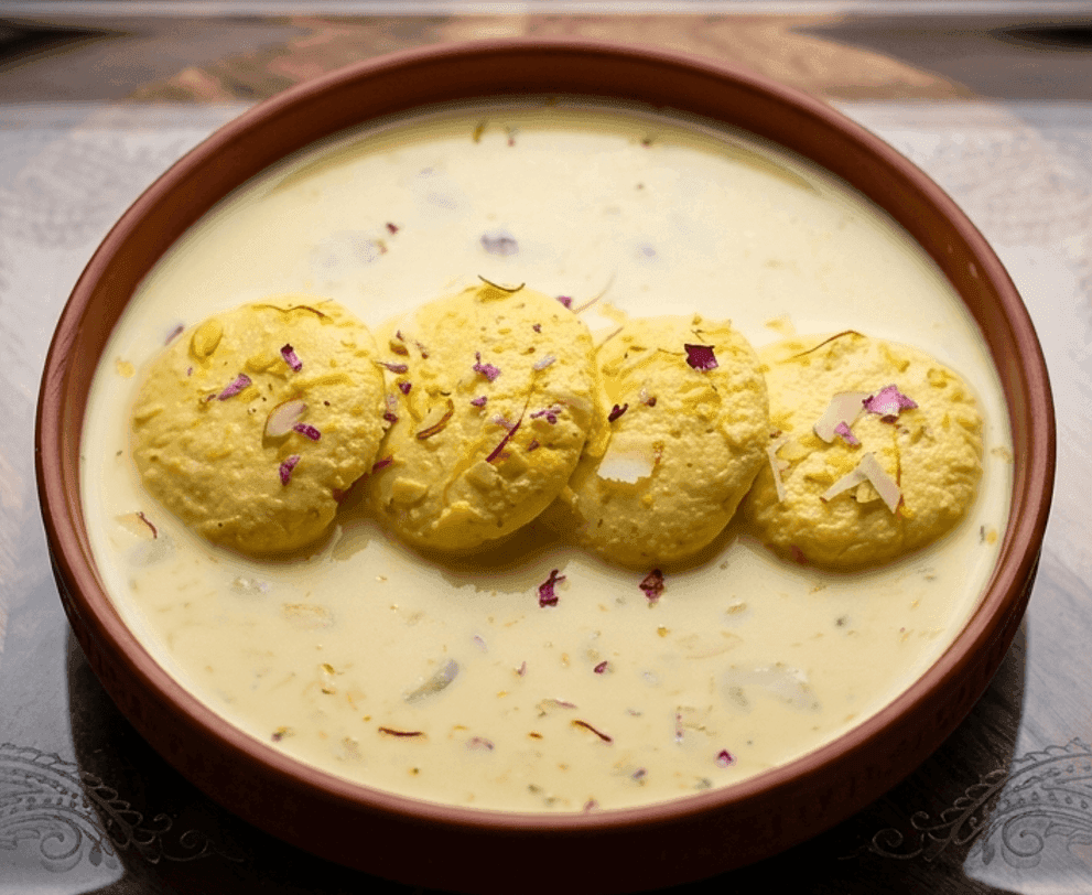 Soft Rasmalai patties floating in saffron cardamom milk in a serving bowl