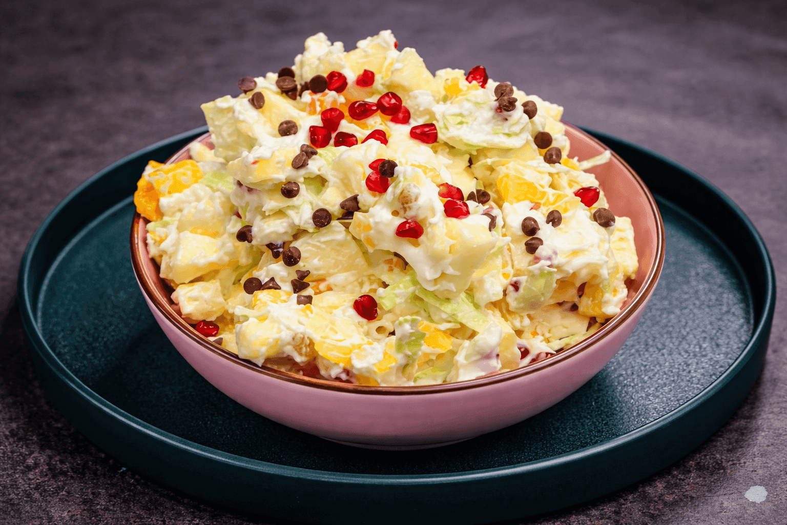 Pakistani Russian Salad with colorful fruits, vegetables, and cream dressing in a bowl