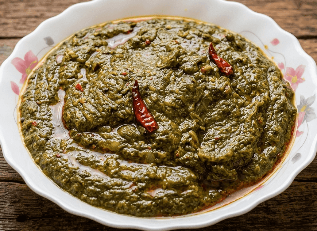 Sarson Ka Saag slow-cooked mustard greens in a clay bowl with a ghee and garlic tarka