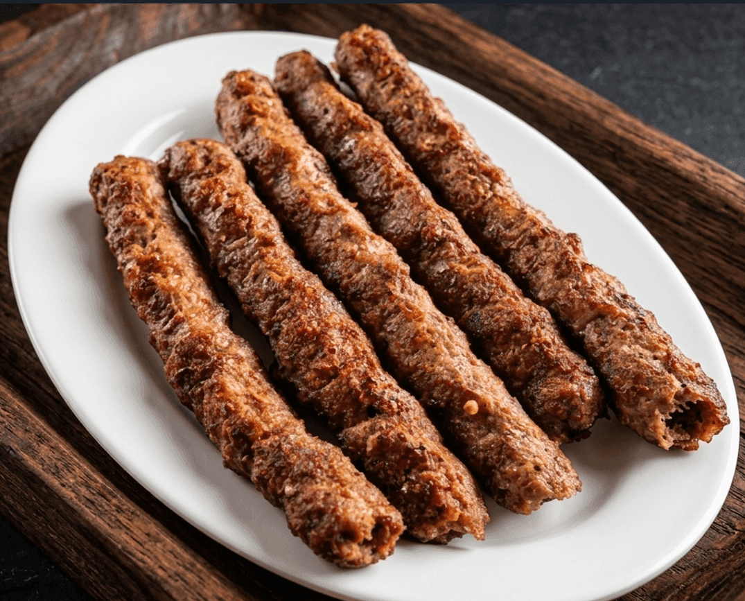 Seekh Kabab on skewers with glossy golden crust, plated with naan and green chutney