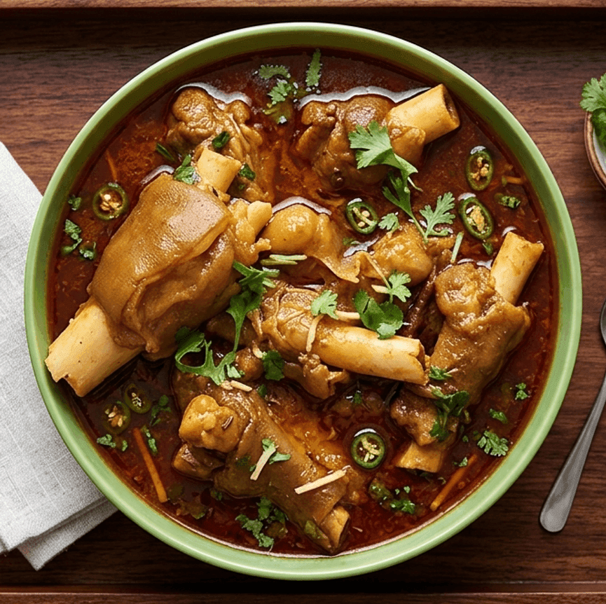 Siri Payee goat trotters in rich bone broth curry garnished with ginger and green chili