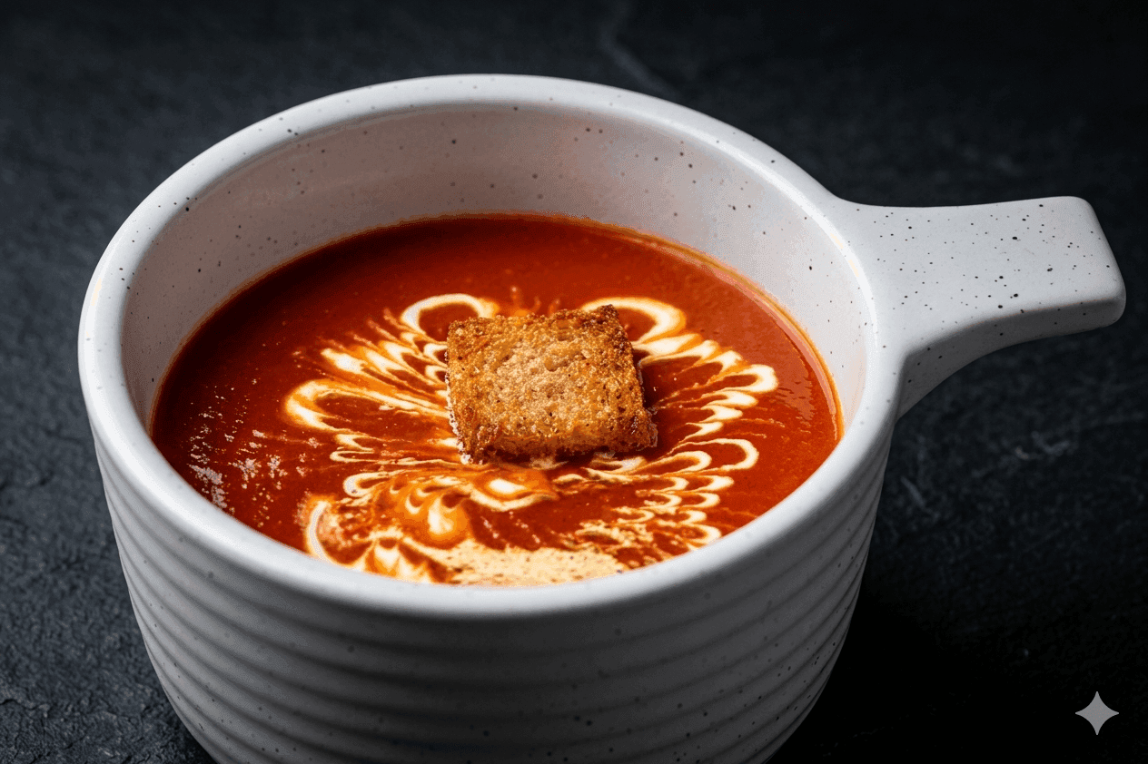Ranveer Brar's oven-roasted tomato soup in a bowl with basil pesto drizzled on top