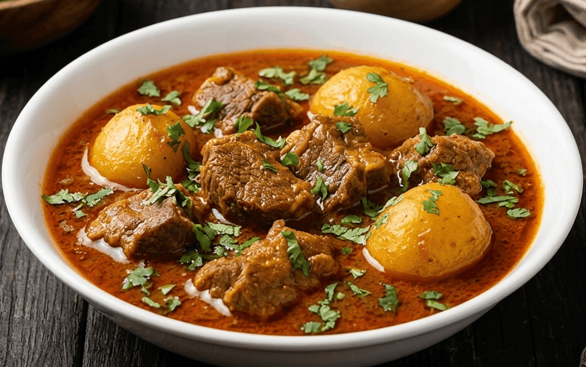 Aloo Gosht curry featuring tender mutton pieces and whole boiled potatoes in a rich, spiced red gravy, garnished with freshly chopped coriander and served in a white ceramic bowl on a dark rustic wooden table.