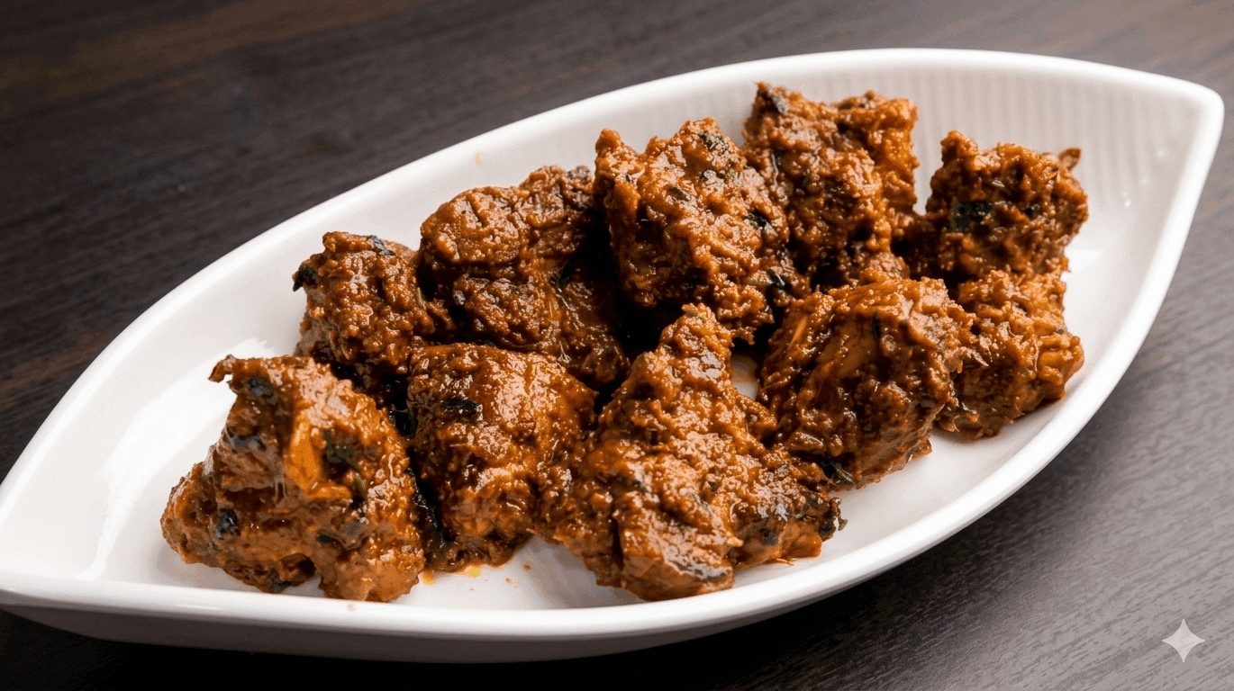 Mutton Bhuna Gosht coated in a fresh-ground eight-spice masala in a dark serving bowl