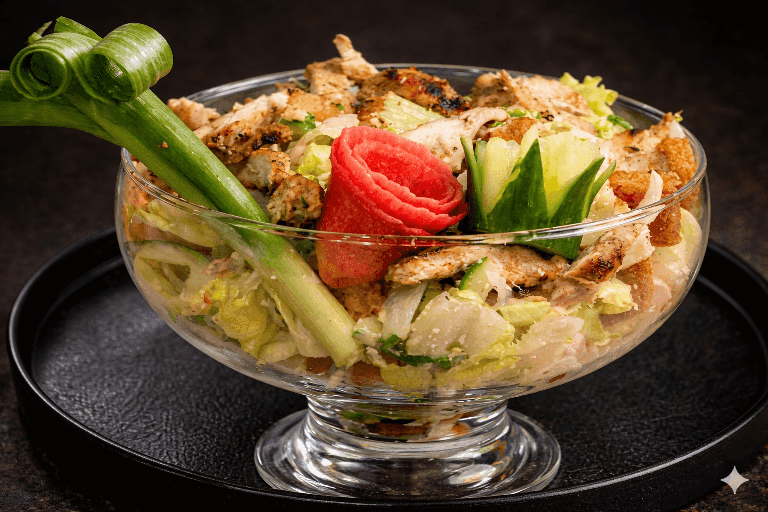 Caesar Salad with crisp romaine, golden garlic croutons, and shaved Parmesan in a bowl