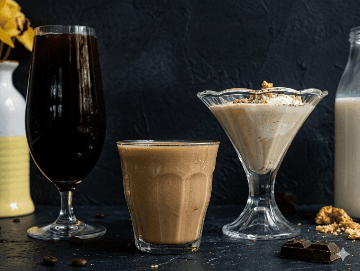 Jamie Oliver's cold brew coffee in a glass jar with ice, dark brown and clear