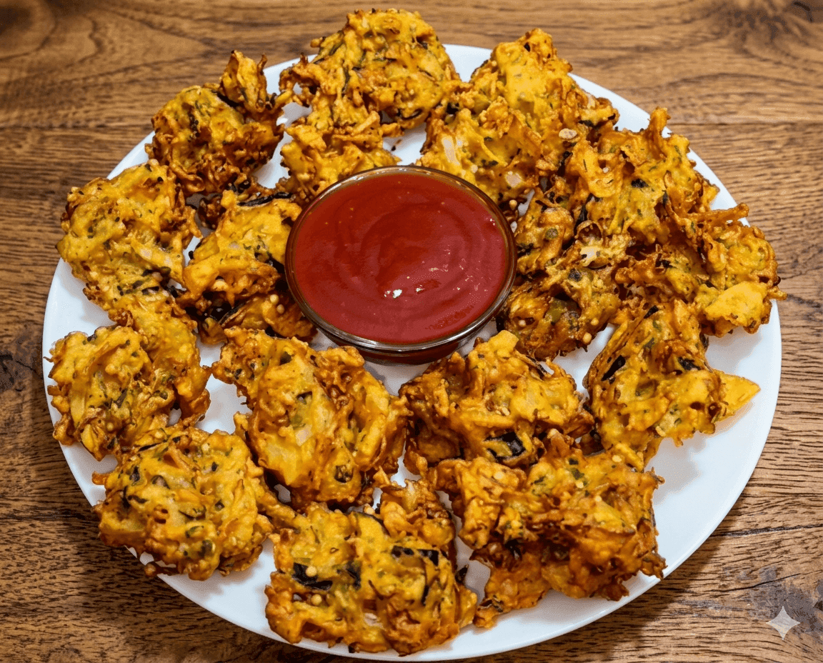 Crispy golden vegetable pakoras stacked on a plate with Tomato Ketchup
