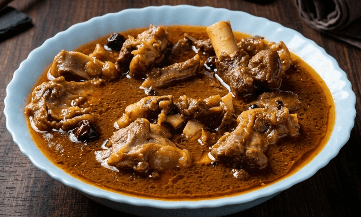 A light blue bowl filled with mutton kuna gosht, a traditional Pakistani lamb stew, in a dark, rich brown gravy, with several large pieces of meat on the bone, including one prominent bone standing vertically, and a scattering of whole spices like cumin and black peppercorns